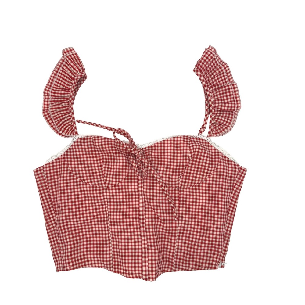 Altar'd State Gingham Corset Top Womens Small Red New NWT Ruffle Lace IPK2351T